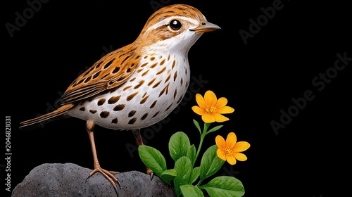 Detailed Closeup of a Small Brown and White Bird Near Yellow Flowers on a Dark Rock