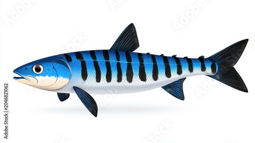 Detailed Illustration of a Blue and Black Striped Fish on White Background