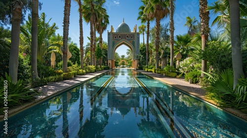 [Traditional morocco islamic courtyard garden features central mirror-like water channel as core axis, symmetric rows of tall palm trees with lush tropical undergrowth on both sides, a distinctive