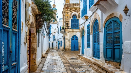 A narrow cobblestone old town street in Tunisia’s North African medina lined with white and blue traditional Islamic architecture, stretching under soft daylight towards a distant domed mosque