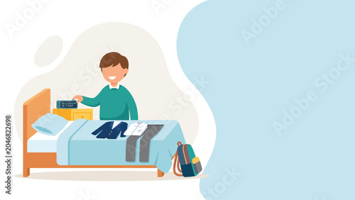 Foto Young boy packing clothes into a suitcase on bed.