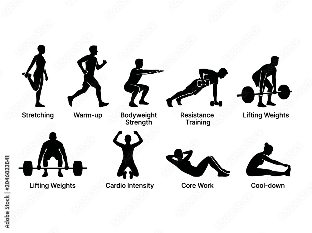 Obraz premium Fitness exercise icons showing stretching warm up bodyweight strength resistance training and weight lifting Silhouette