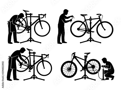 Bicycle maintenance and repair steps shown as silhouettes in four panels Silhouette