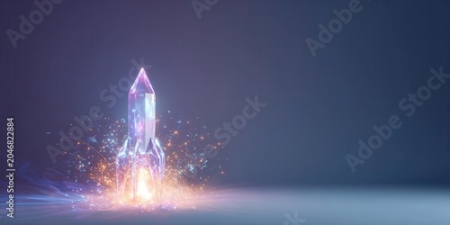 Crystal Rocket Launching with Sparkles on Blue Background