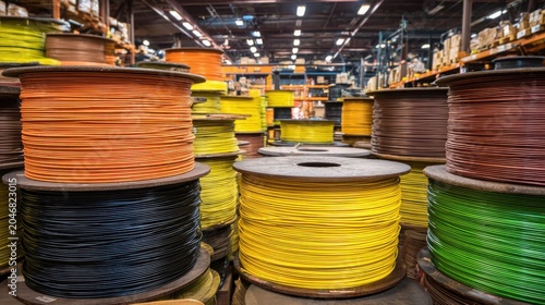 Large Industrial Spools of Thick Wire Stacked in a Warehouse Storage Facility