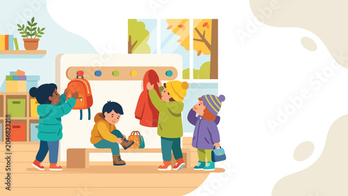 Foto Children hanging coats and backpacks in a colorful preschool cloakroom