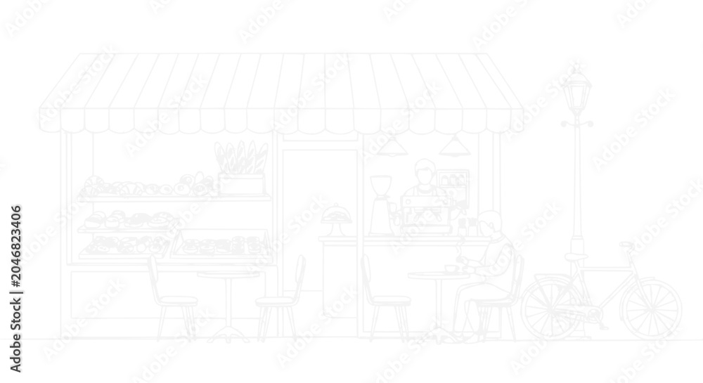 Obraz premium Minimalist cafe storefront with outdoor seating and bicycle, line art illustration