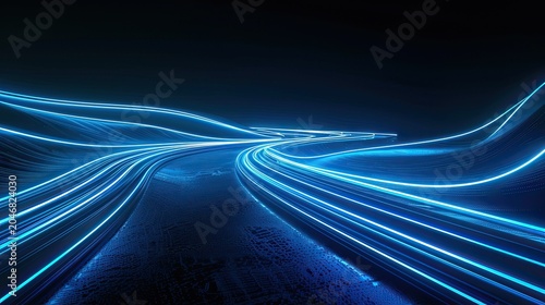 Futuristic abstract digital tunnel scene with dynamic flowing blue light, neon glow light strips stretching along the curved perspective path to the distant dark background, creating strong motion