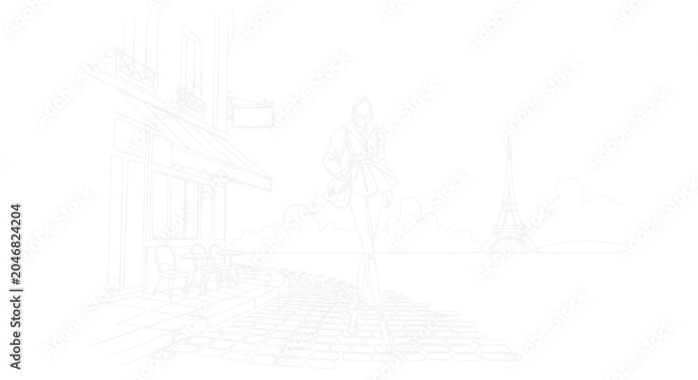 Fototapeta premium Parisian street scene illustration with woman and Eiffel Tower sketch