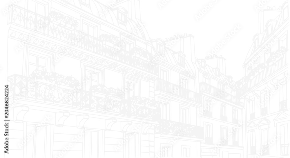 Fototapeta premium Parisian Architecture Line Drawing: Haussmannian Buildings with Balconies and Windows