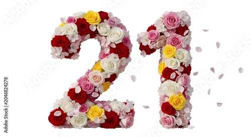 Number twenty one composed of colorful roses on white background