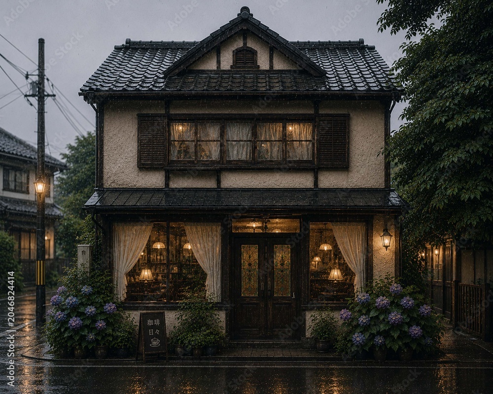 Fototapeta premium Retro Japanese Coffee Shop Exterior with Hydrangeas and Warm Lights on a Rainy Day