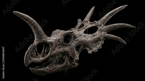 A detailed fossil of a dinosaur Styracosaurus skull with large horns and a prominent frill, displayed against a dark background
