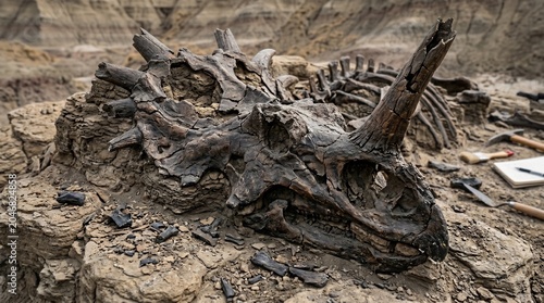 A dinosaur Styracosaurus skeleton fossil discovered during an archaeological dig, showcasing ancient history and paleontology.