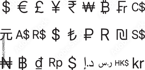 Foto Global currency symbols vector set, international money signs collection, black