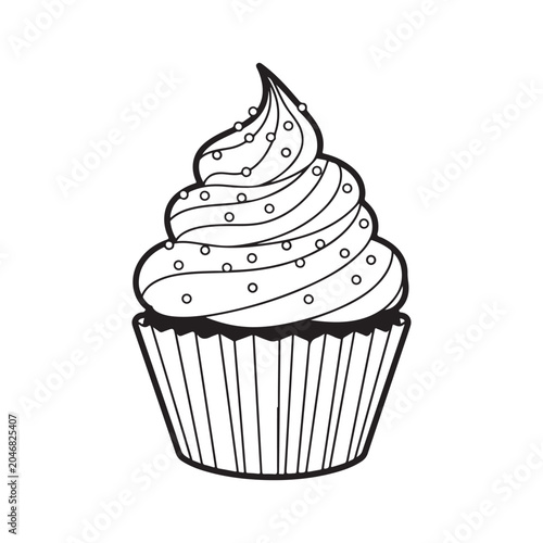 Photography Cupcake coloring book page line art with swirl frosting and sprinkles for children activity design