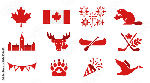 Flat vector icon set of national Canada symbols