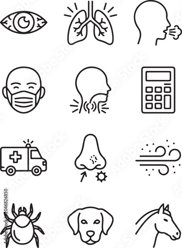 Allergy Symptoms Icons with Medical Illnesses and Triggers in Flat Line Style