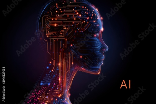 Artificial intelligence head profile glowing with neural network circuits on a dark background in a sharp focus macro shot for technology marketing