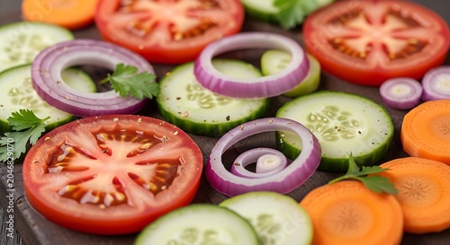 Fresh sliced vegetables arranged on table.