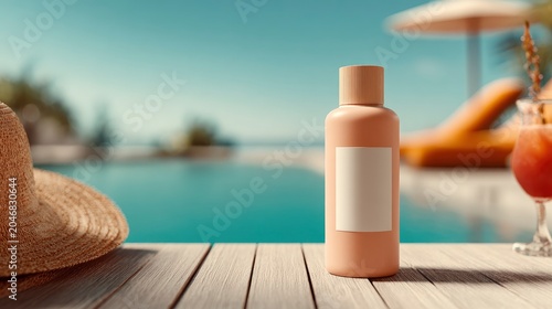 Sunscreen bottle standing on wooden deck at luxury poolside with sharp focus and beautiful bokeh for skincare brand marketing