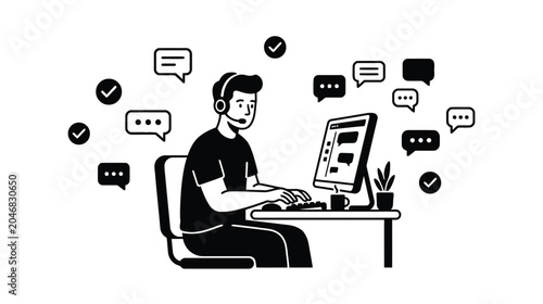 Foto Male Customer Support Agent with Headset Working at Computer with Chat Bubbles I