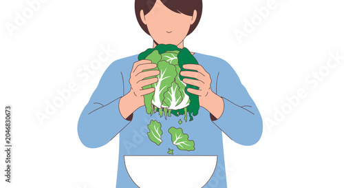 Fotografía Woman preparing fresh green lettuce leaves for salad in a bowl, healthy eating c