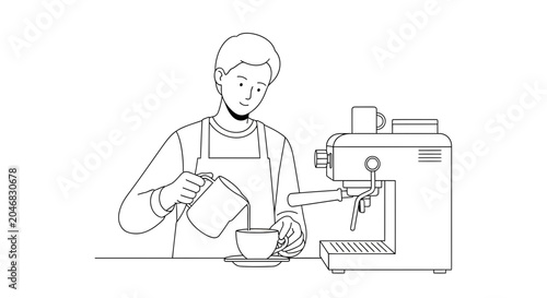 Vászonkép Barista Making Coffee, Pouring Milk into Espresso Cup, Coffee Machine