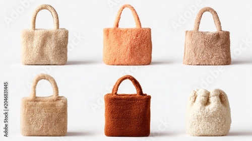 Shearling tote bags arranged in a grid on white background featuring sharp macro focus for fashion retail marketing