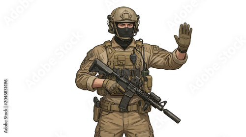 Fotografía A soldier in tan uniform and helmet holding a rifle and waving with a gloved hand against a plain white background