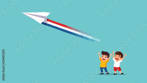 Two happy kids are watching a paper airplane flying in the blue sky