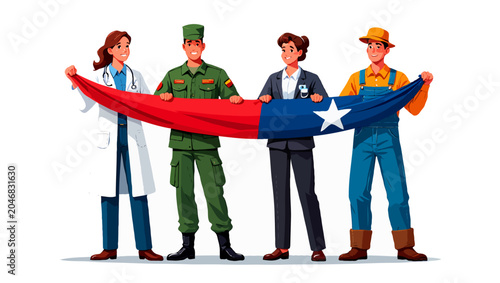 Group people holding a flag on background
