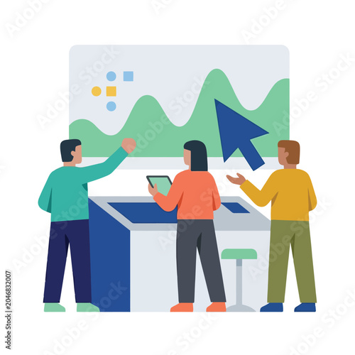 Flat vector team analyzing business data.