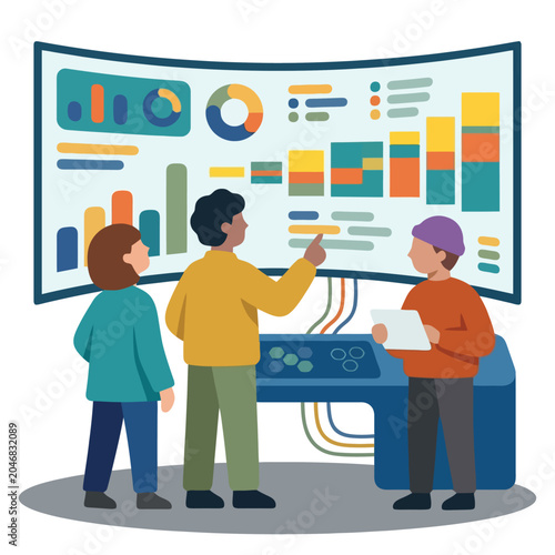 Team analyzing colorful data in flat vector style.