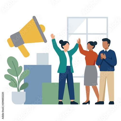 Team celebrating success in flat vector style.