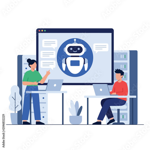 Flat vector team using ai chatbot in modern office