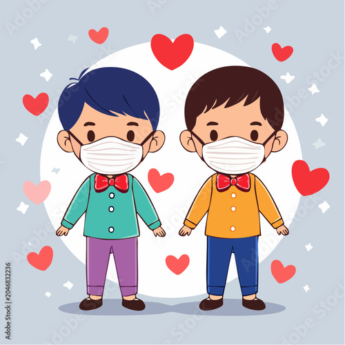 Two boys wearing face masks and bow ties with hearts