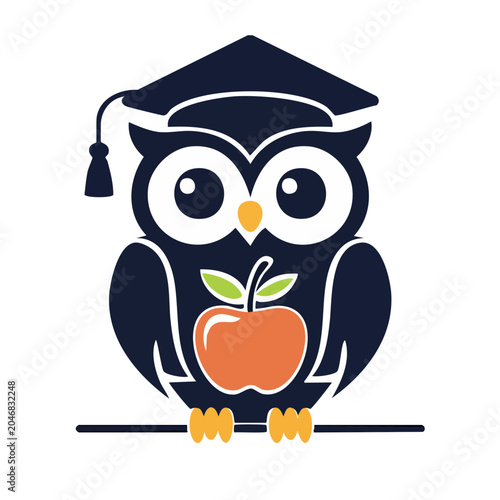 Wise owl with graduation cap and apple icon
