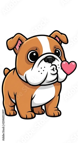 Cute cartoon pug dog with heart shaped spot sitting.