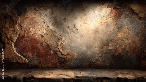 Close-up of a rustic stone wall with a spotlight illuminating a textured surface
