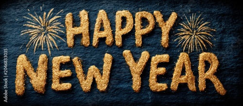 A festive greeting for the new year. Text in baked-good style with fireworks on a dark textured background