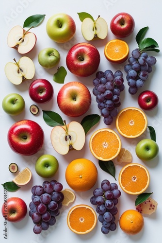 Variety of colorful fruits showcasing natural freshness and nutritional value, healthy food concept on white background