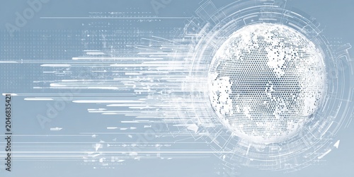 The background is light blue, and on the right is a digitally rendered globe made of white dots, surrounded by complex interface elements composed of white abstract rings, rectangles and lines.