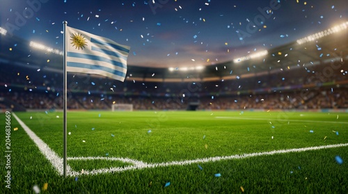 Uruguay flag on football stadium corner with confetti
