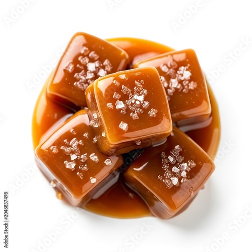 Delicious Salted Caramel Candy Pieces with Sea Salt on White Background