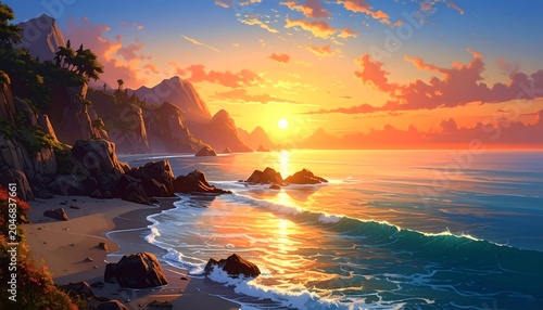 A vibrant sunset paints the sky and sea with warm colors. A rocky coastline meets the ocean, bathed in golden light