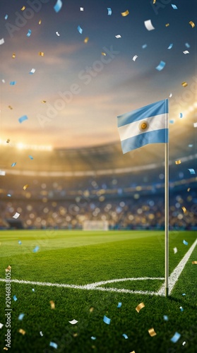 Argentina flag at corner of soccer stadium with confetti
