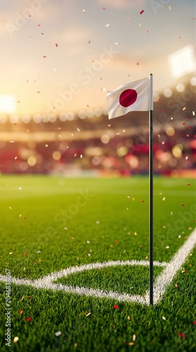 Japan flag on soccer corner pole in stadium with confetti