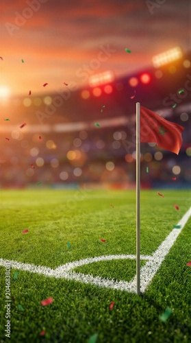 Morocco flag on football pitch corner at sunset stadium