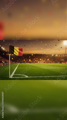 Belgian flag on football stadium corner with confetti